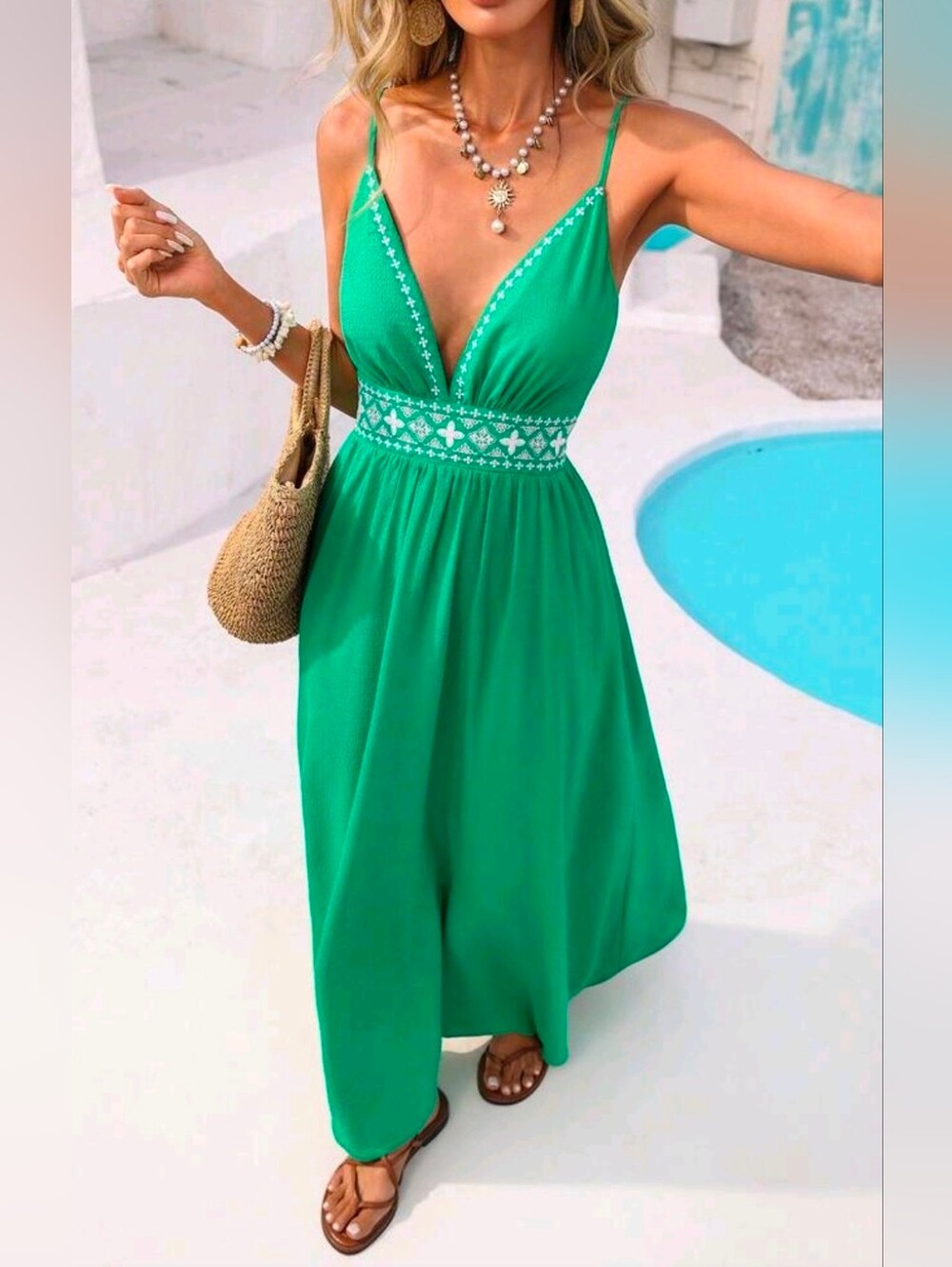 New Boho Embroidered Maxi Dress Green White - Picture 2 of 9